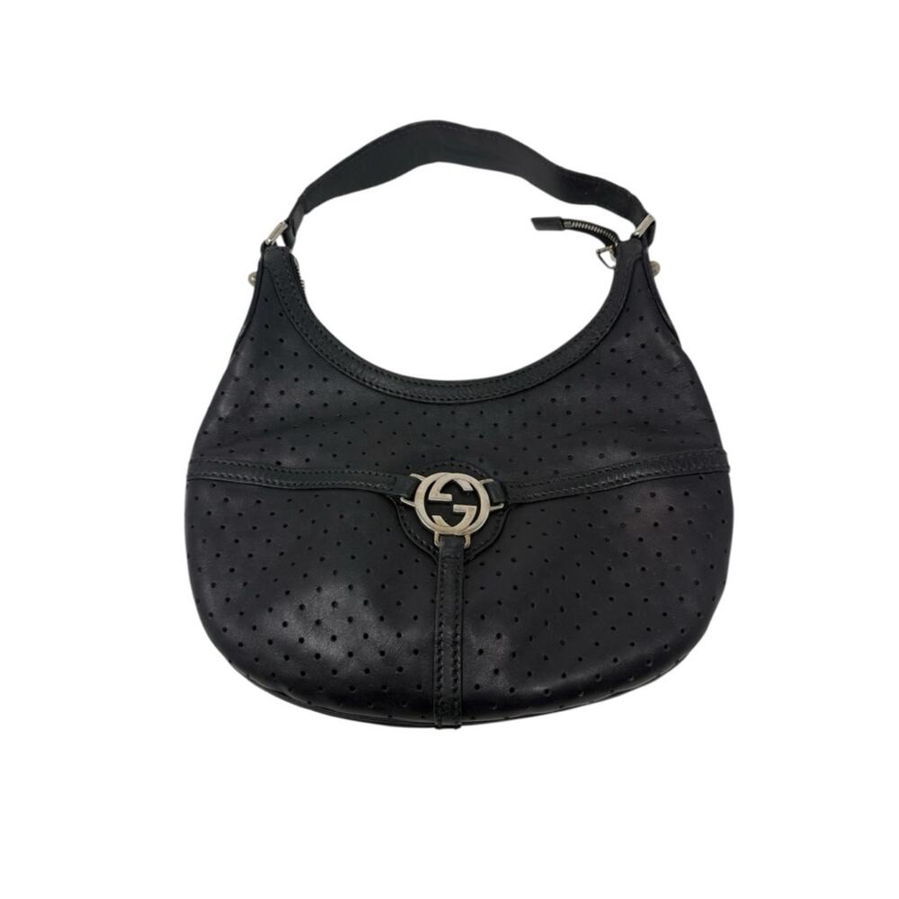 Gucci Reins Vintage Interlocking GG Perforated Leather Black Hobo Bag Purse